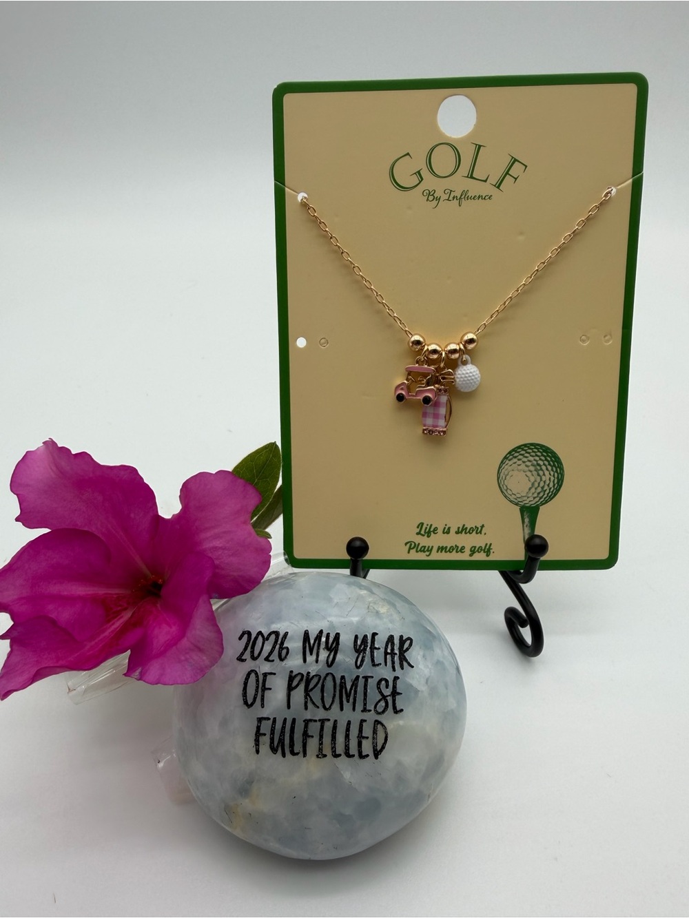 Women’s Gold Necklace w/Pink Golf Charms Gold plated zinc alloy based metal 17”